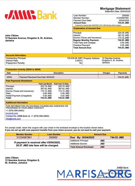 Downloadable Jamaica JMMB Bank Limited mortgage statement Word and PDF template